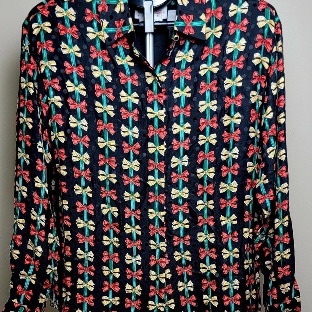 Vintage Maggy London 100% Silk Blouse Size 12 Holiday Christmas Bows 90's